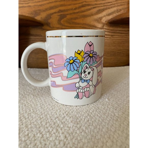 Vintage J.I.I. 1994 Rabbit Bunny Mug with Gold Trim Pastel Flowers - Picture 3 of 9